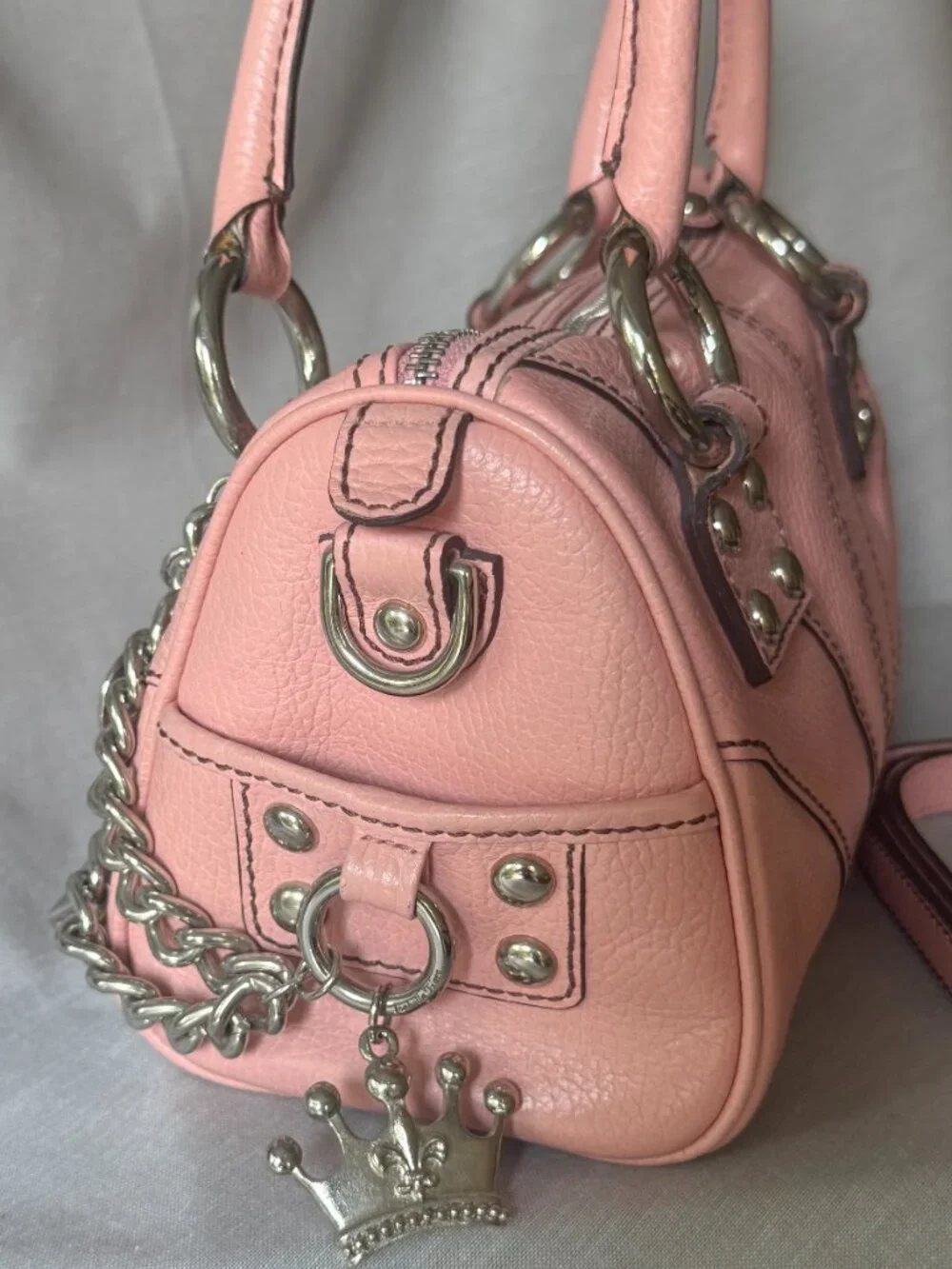 Isabella Fiore Pink Leather Satchel Y2K Chunky Chain Charm Bag 2000s Coquette
